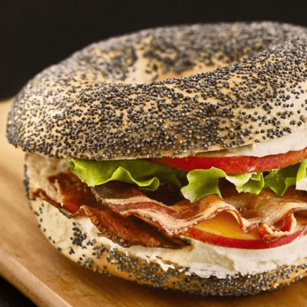 Poppy seed bagel with bacon, lettuce, tomato, and cream cheese from Java House.